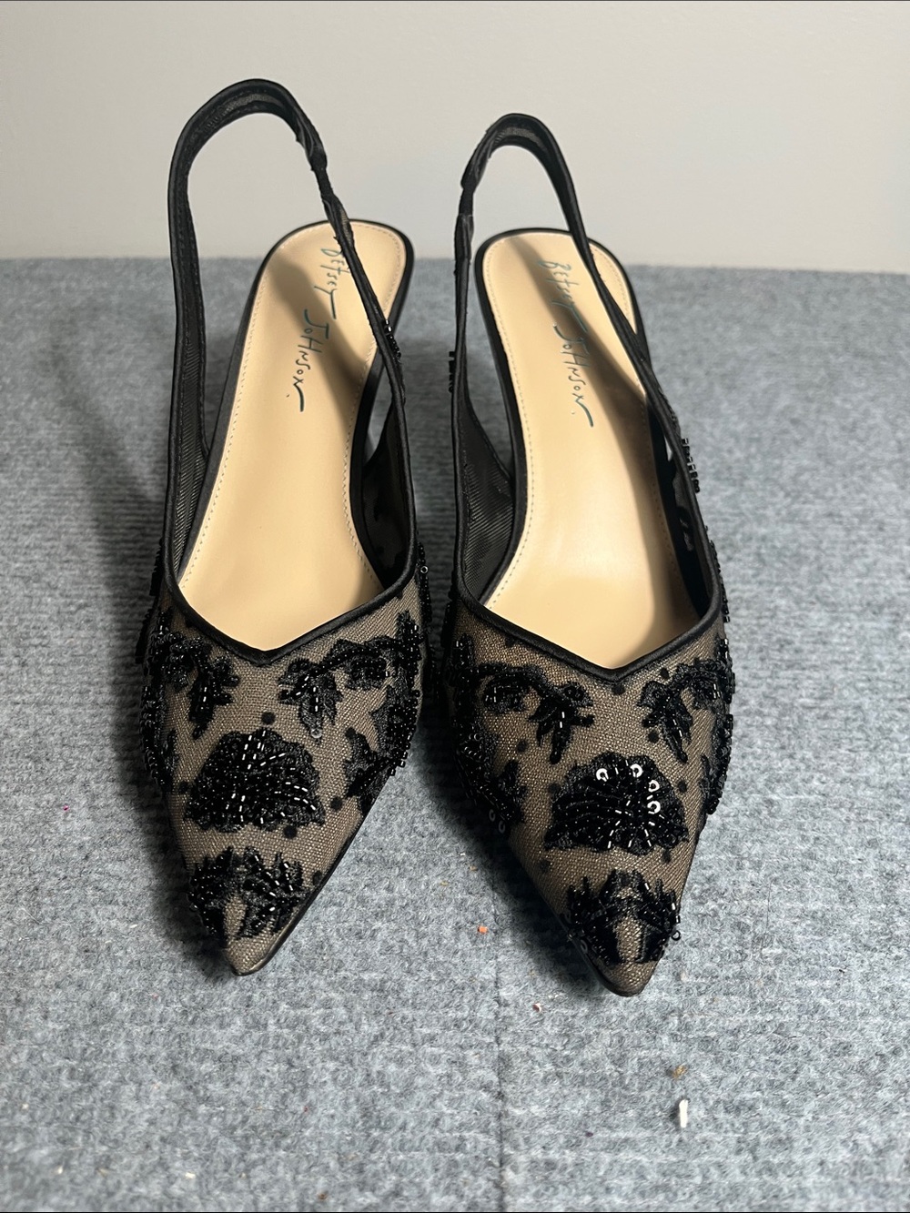 Betsey Johnson Black Beaded Mesh Pointed Slingbacks